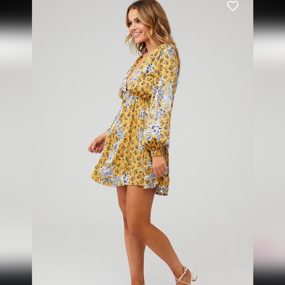 Free People Soli Mini In Golden Hour Floral Deep V-Neck Long Sleeve Dress Size L - Picture 3 of 9